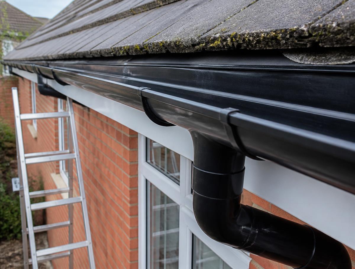 Freshly cleared black guttering and downpipe on a house